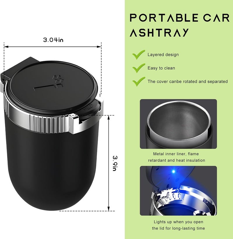 MUQIDA Car Ashtray with Lid, Auto Portable Stainless Steel Smokeless Ash Tray with LED Light, Detachable Windproof Ashtray Mini Trash Can for Most Car Cup Holder Home Office (Silver) - Image 2